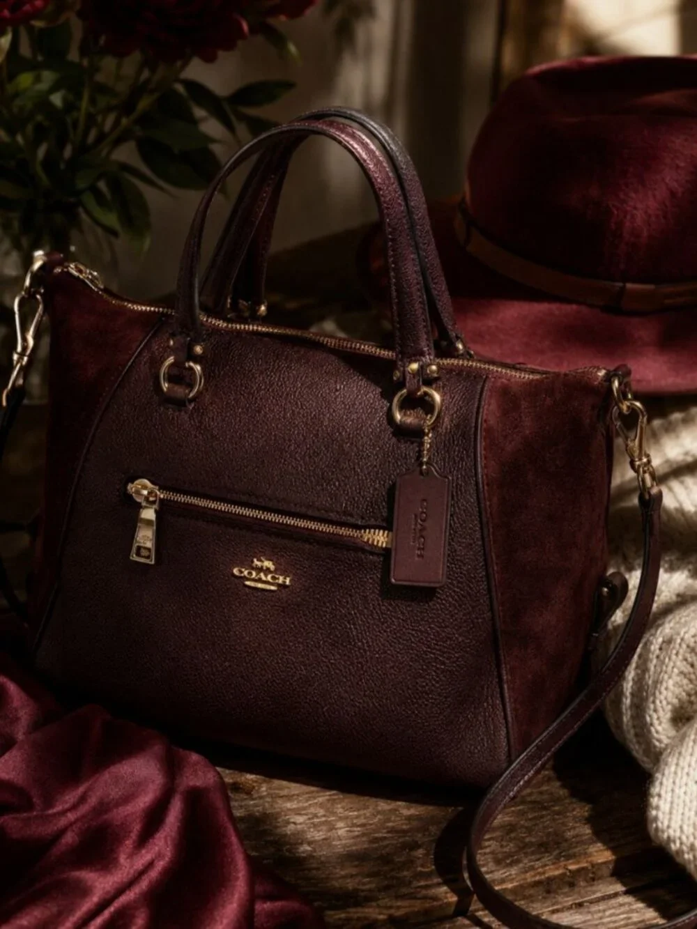 Coach Primrose Satchel 55532 Oxblood Leather Suede Gold NWT Dust Bag